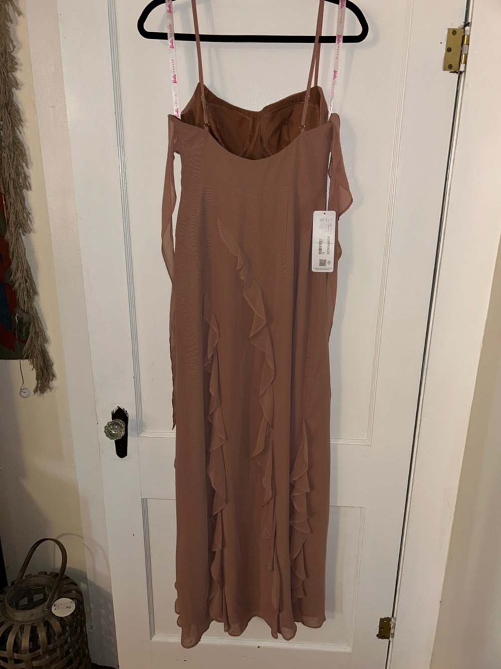 Azazie Barbie Bronzer Ruffle-Trim Spaghetti-Strap Midi Dress - Picture 7 of 8